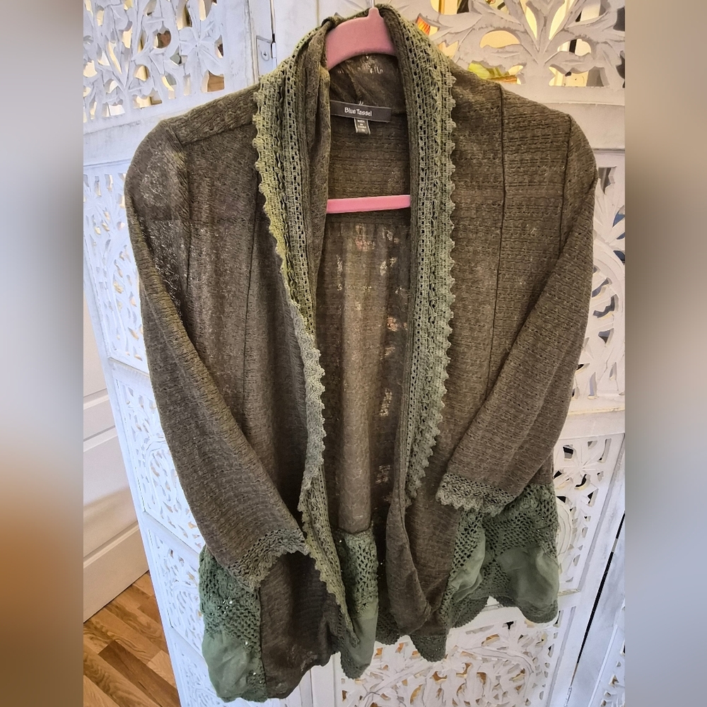 Anthropologie Blue Tassel Olive Green Lace-Trim Cardigan
